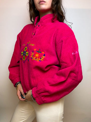 Rosafarbener Fleecepullover mit Vintage-Druckknöpfen M 