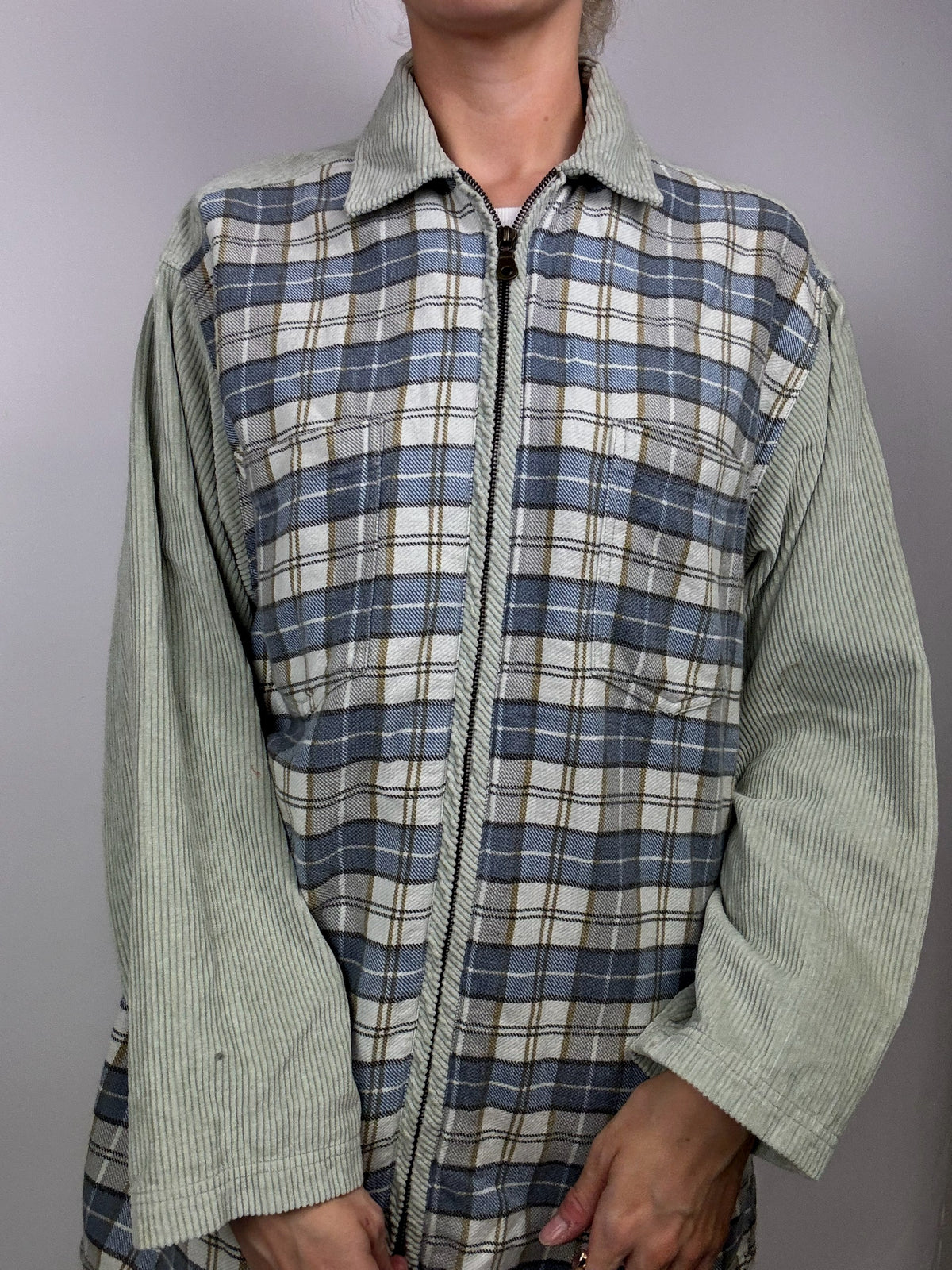 Vintage blue and gray plaid shirt with mesh sleeves