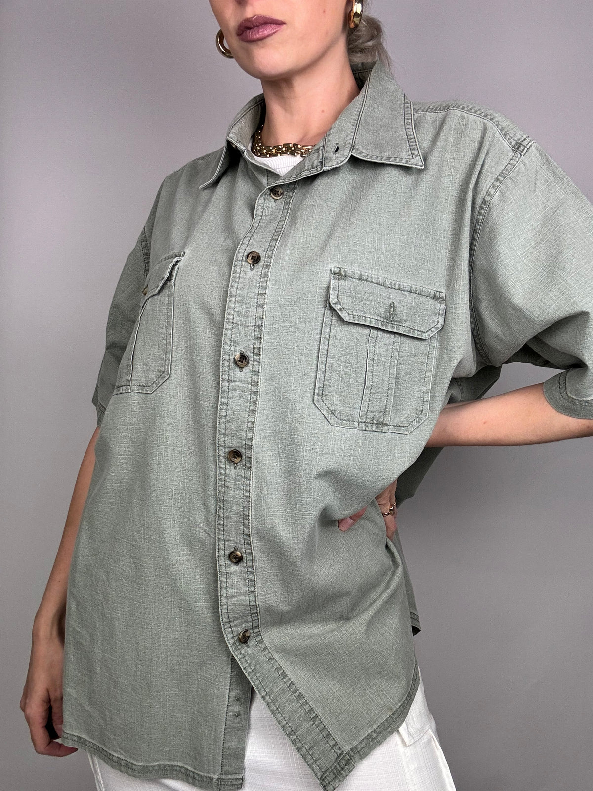 Short sleeve khaki denim shirt