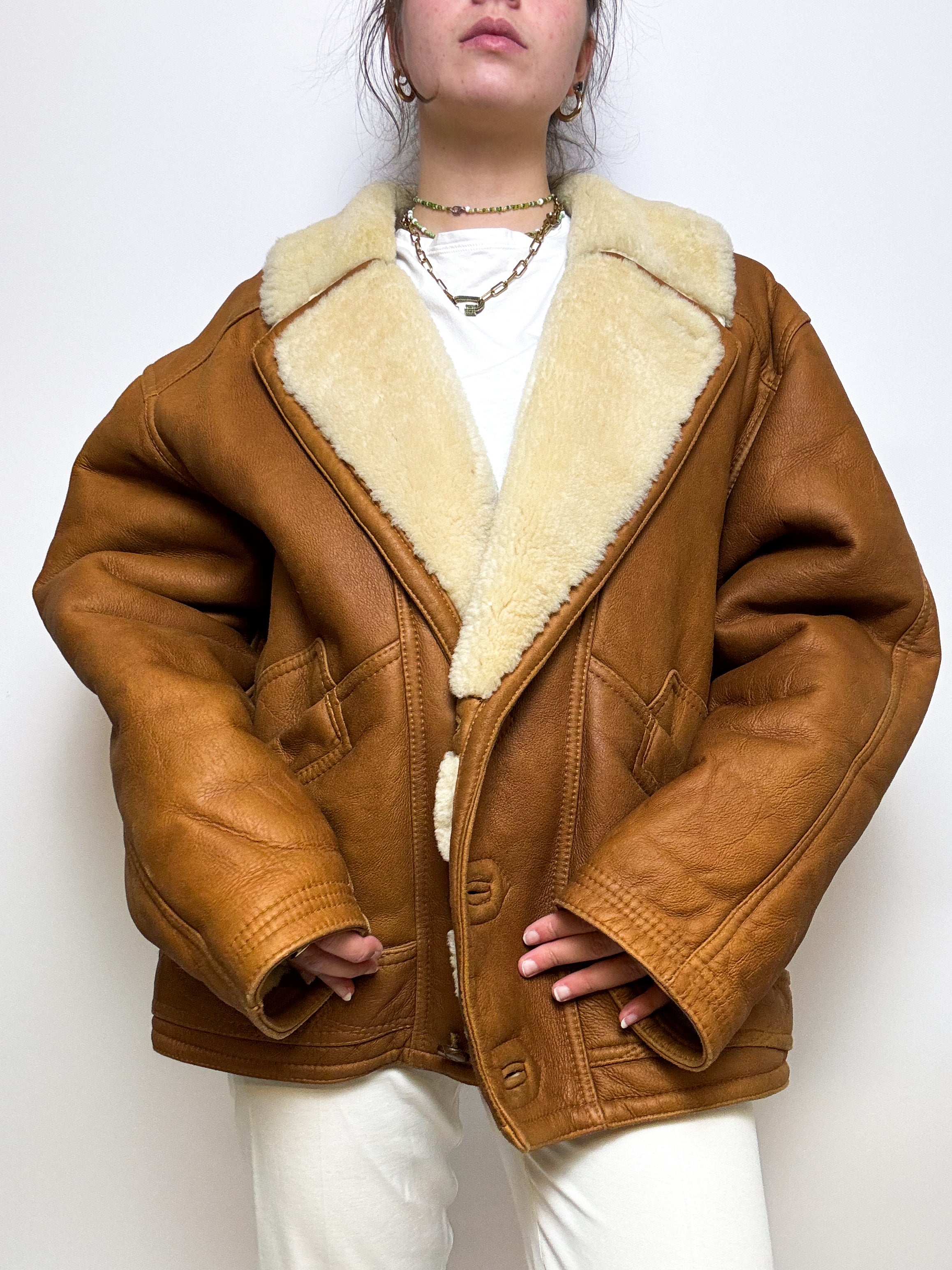 Manteau en cuir et mouton retourné brun L