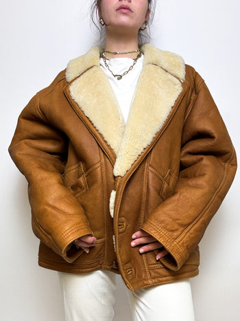 Brown leather and shearling coat L 