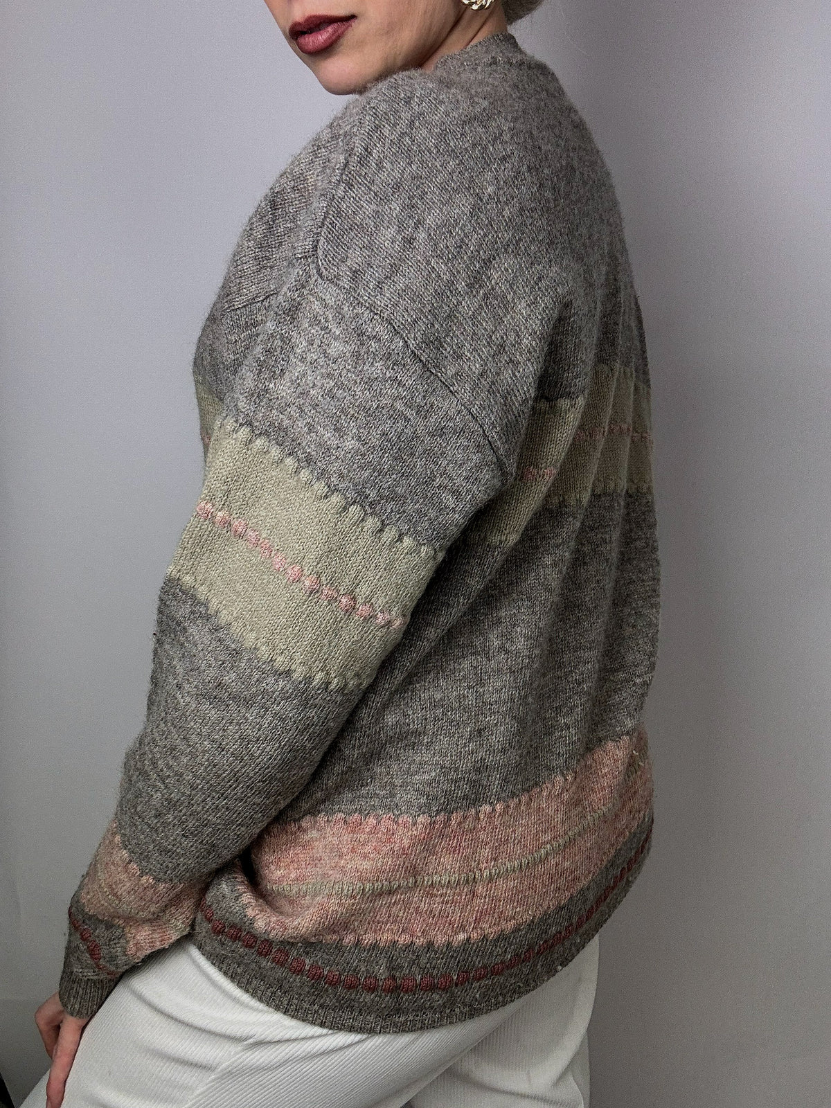 Grey, green &amp; pink patterned knit sweater