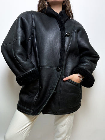 Black leather and shearling coat M/L 