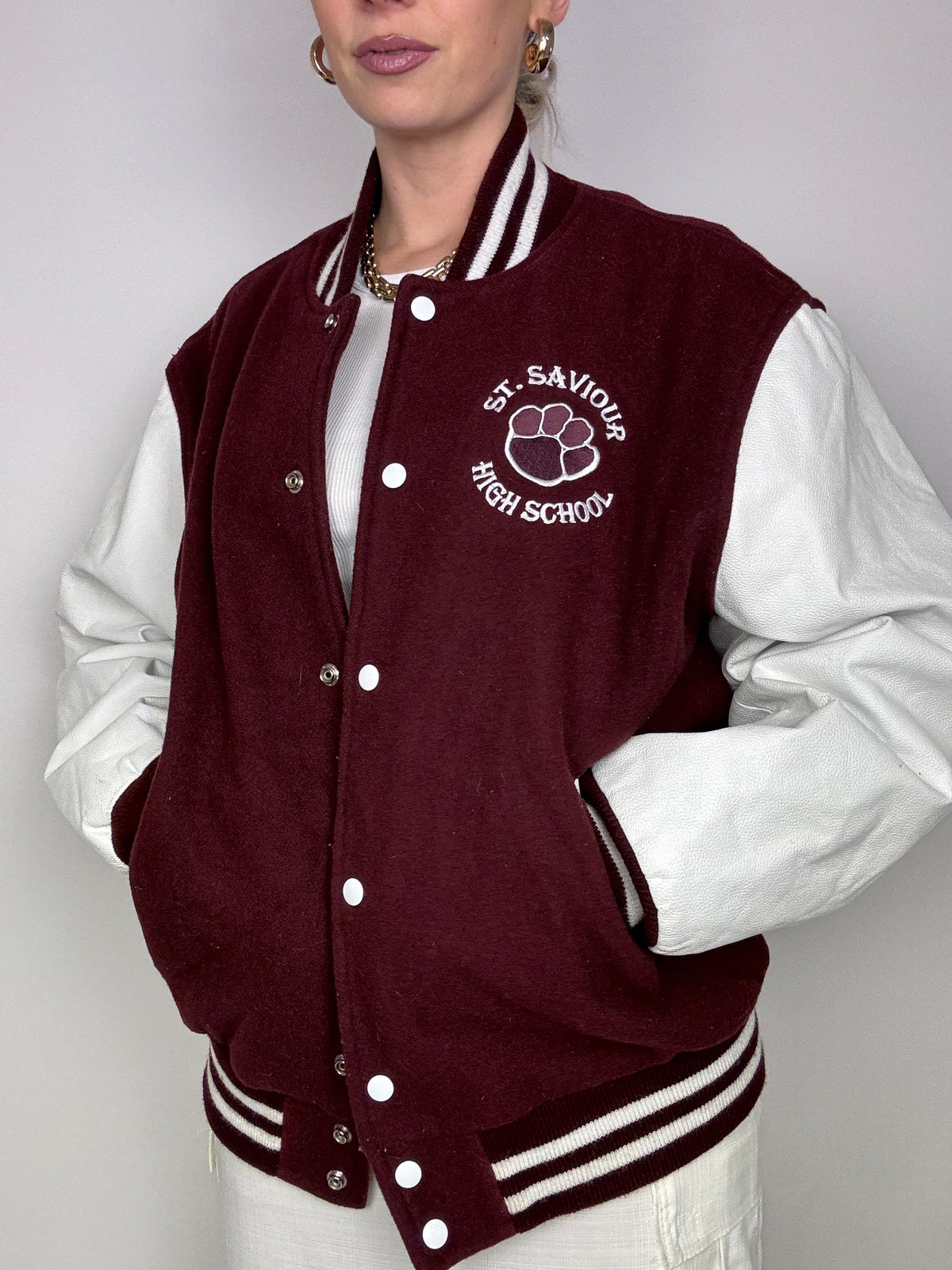 Burgundy and white bomber jacket with vintage leather sleeves
