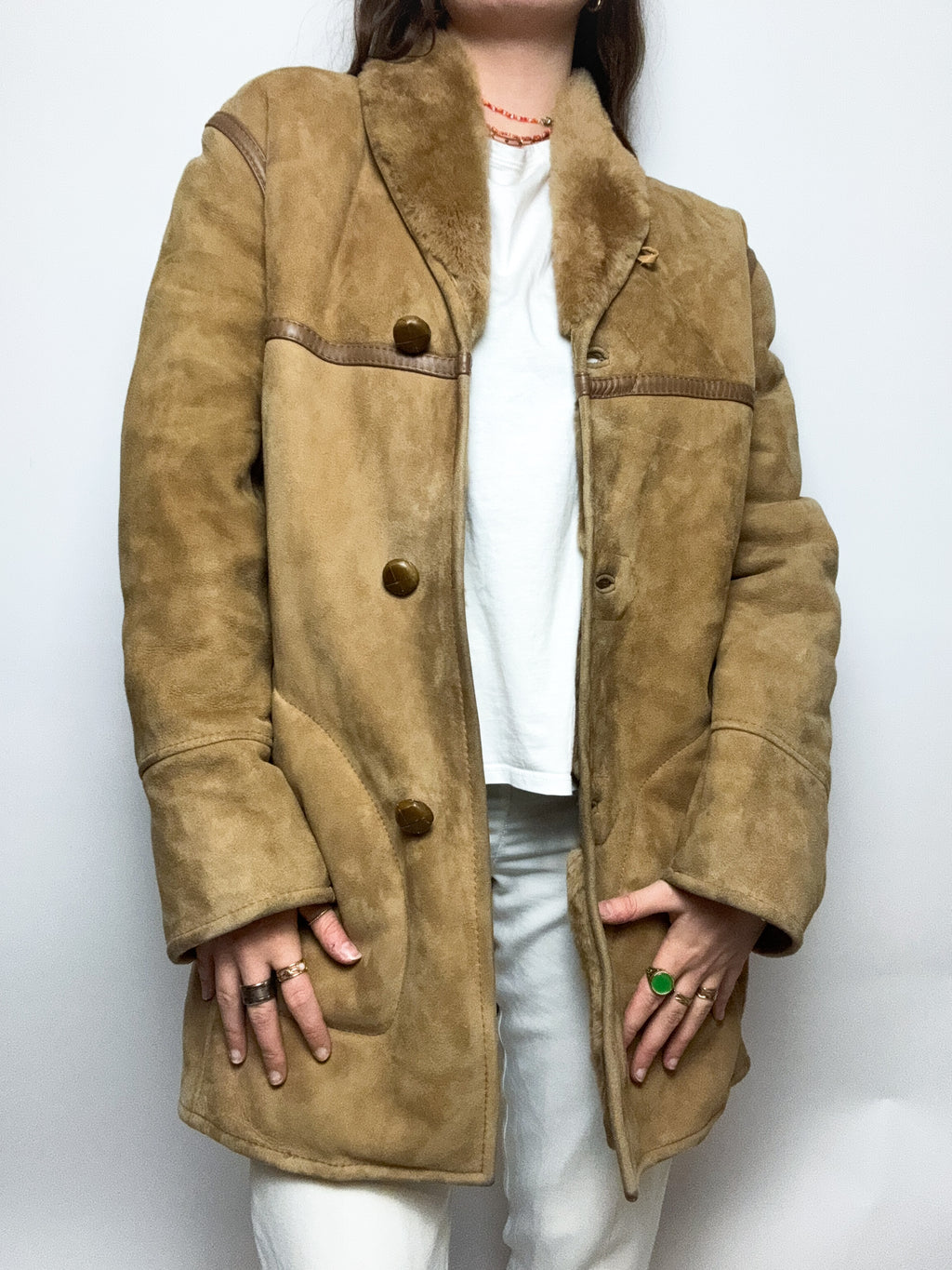 Manteau vintage en mouton retourné beige M/L