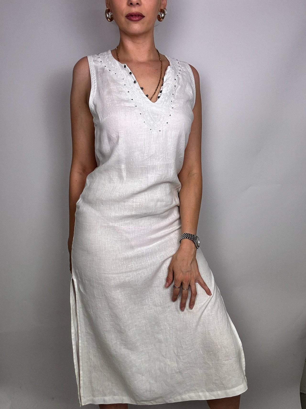 White Linen Sleeveless Long Dress