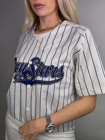 White and blue striped baseball jersey