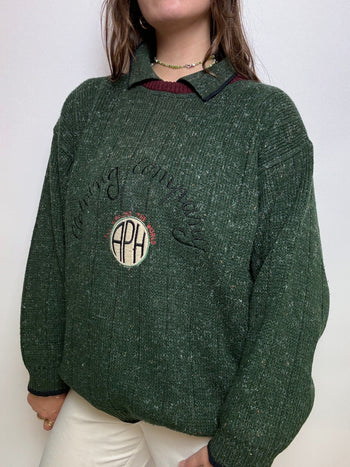 Green wool sweater with vintage collar L