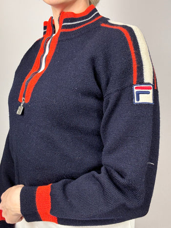 Pull FILA col cheminé bleu marine et rouge vintage