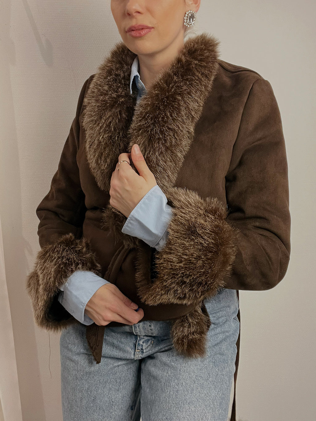 Veste courte vintage en mouton retourné brun XS/S