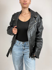 Short black vintage leather coat M/L 