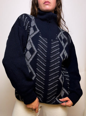 Dark blue sweater with vintage zip L 