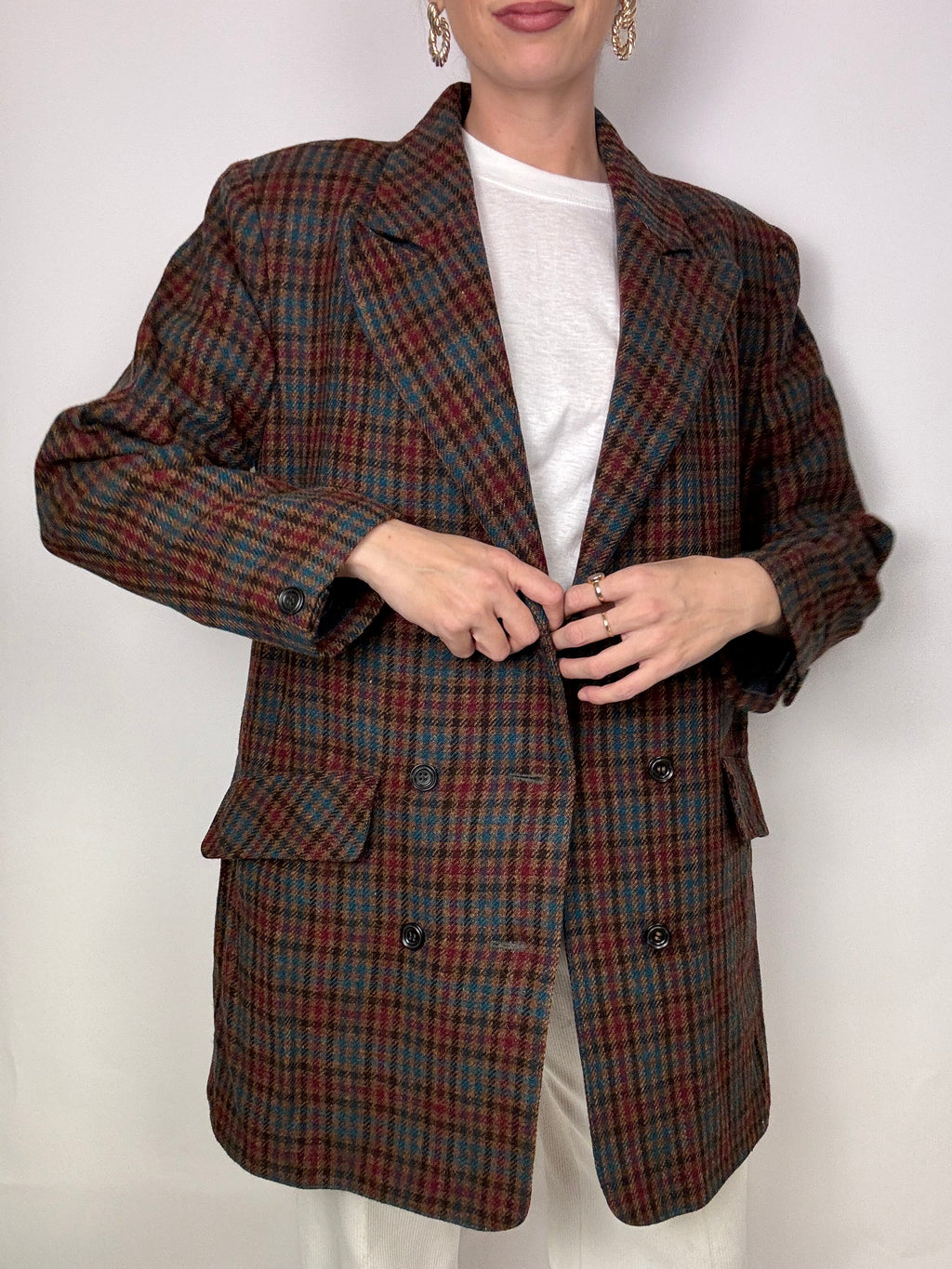 Vintage brown wool plaid long blazer