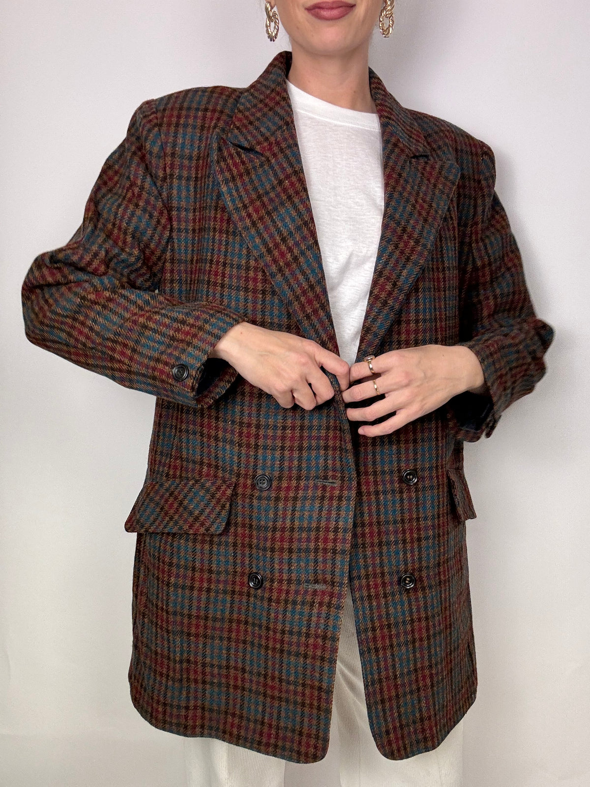 Vintage brown wool plaid long blazer