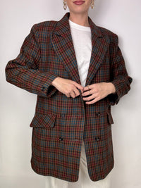 Vintage brown wool plaid long blazer