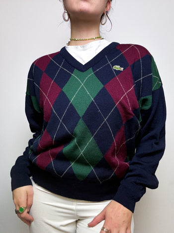 Dark blue wool sweater with vintage Lacoste pattern M/L