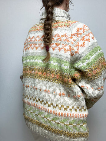 Vintage wool sweater rolled white, orange and green M/L