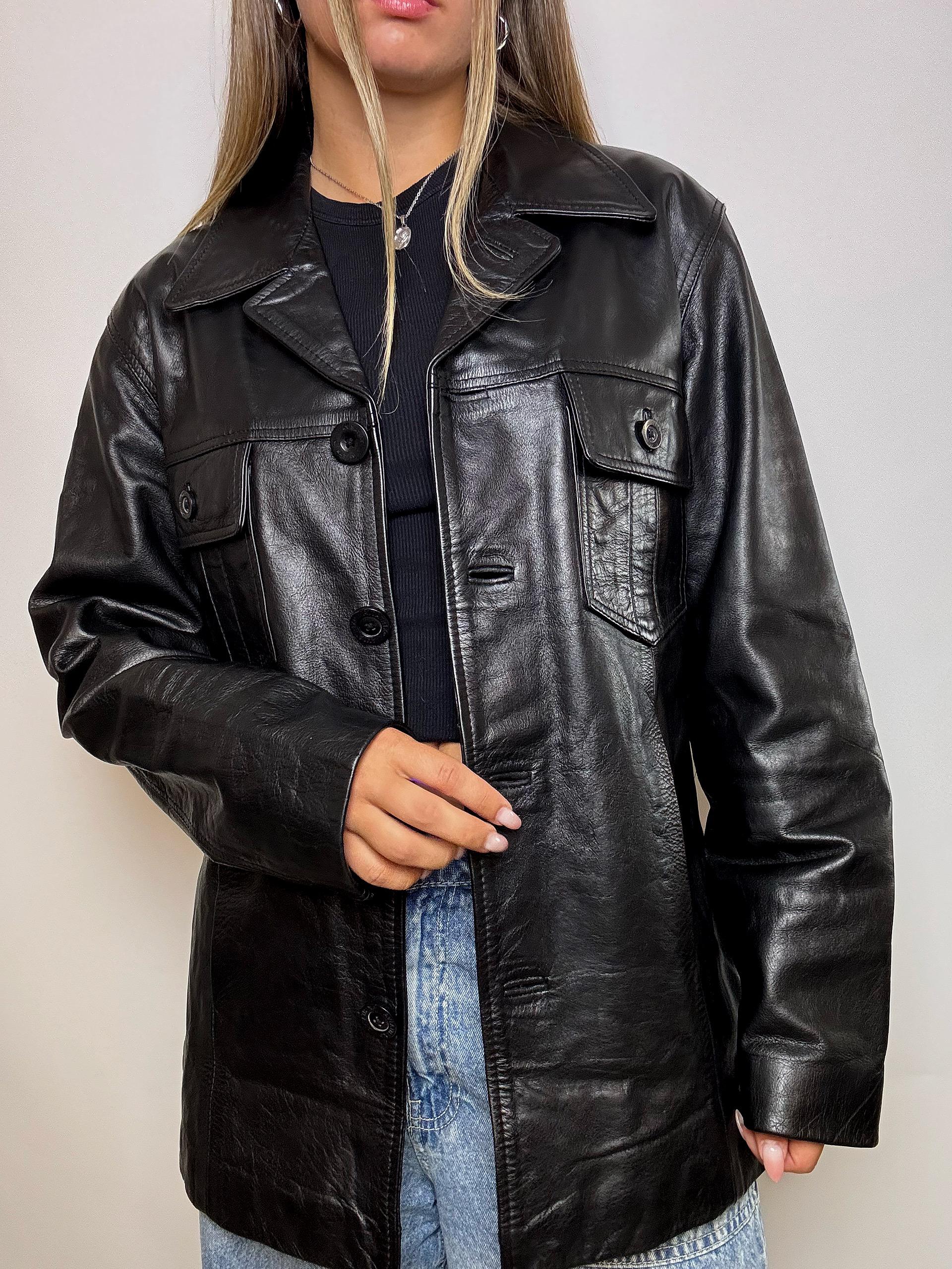 Veste en cuir mi-longue vintage noire M