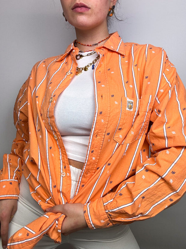 Chemise orange avec motifs bleu foncé et blanc vintage L