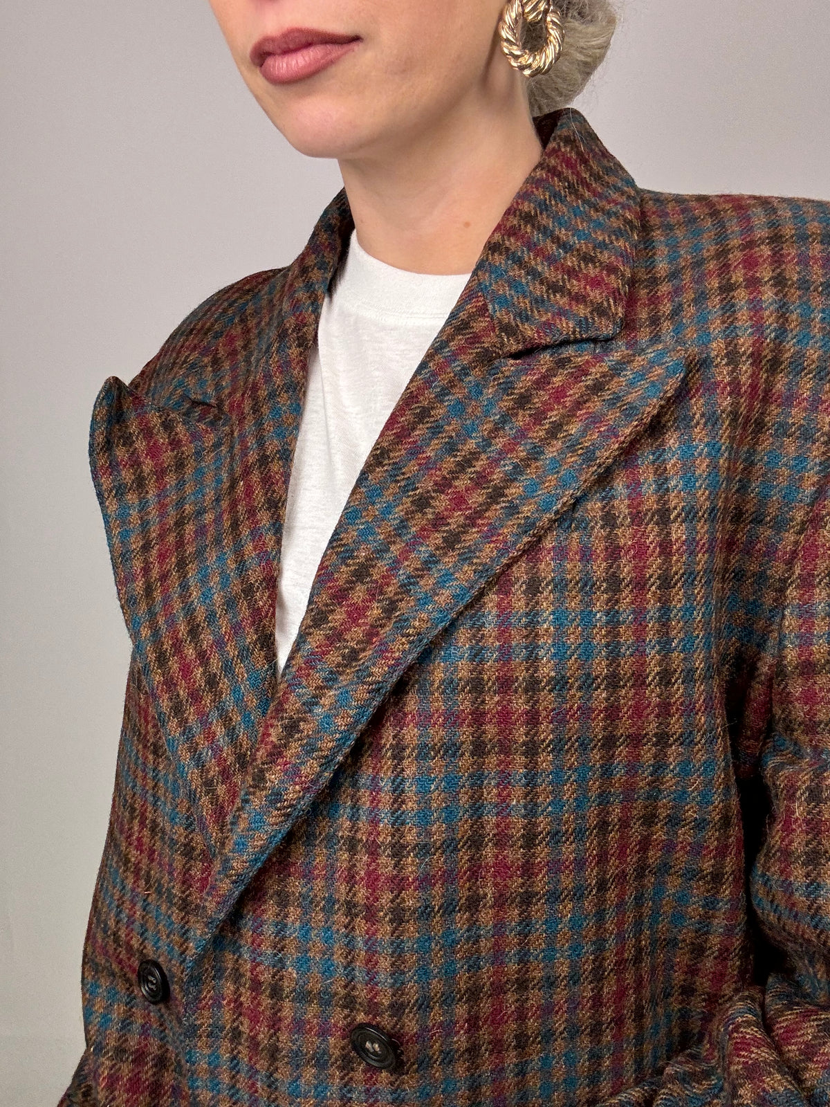 Vintage brown wool plaid long blazer