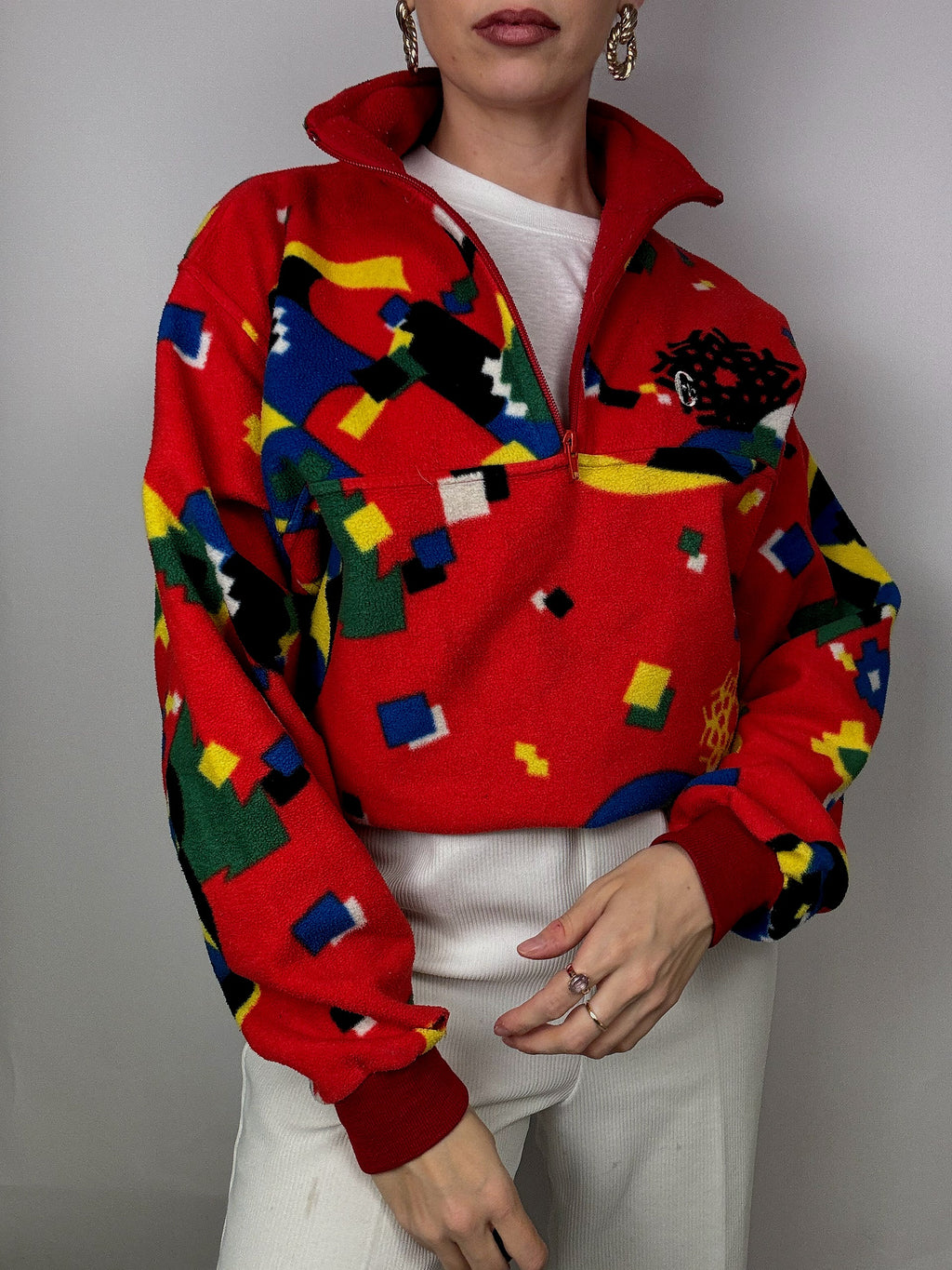 Rot/Gelb/Blau/Grün gemusterter Fleece mit Reißverschluss