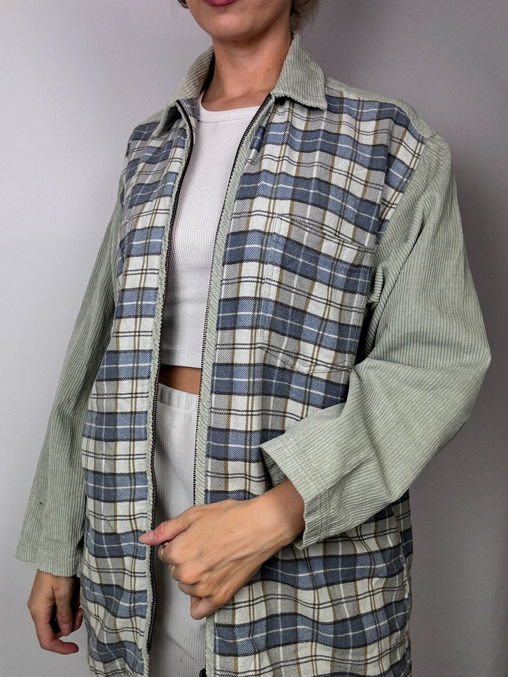 Vintage blue and gray plaid shirt with mesh sleeves