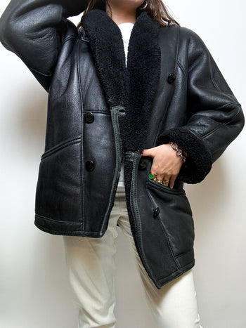 Black leather and shearling coat M/L 