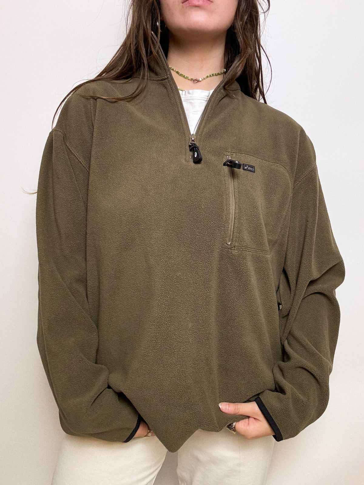 Vintage khaki Asics fleece sweater L/XL 