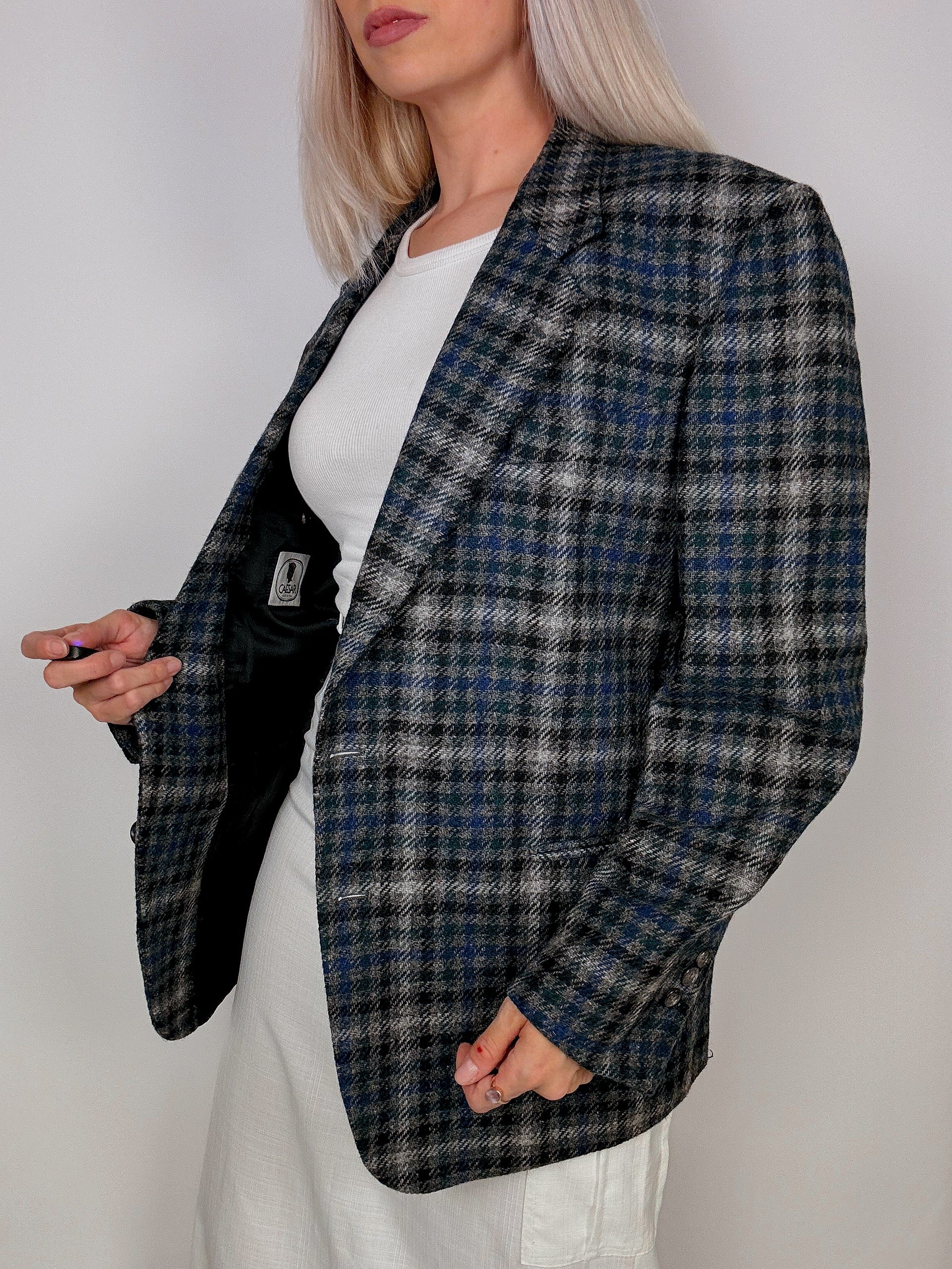Blazer vintage oversize à carreaux bleu