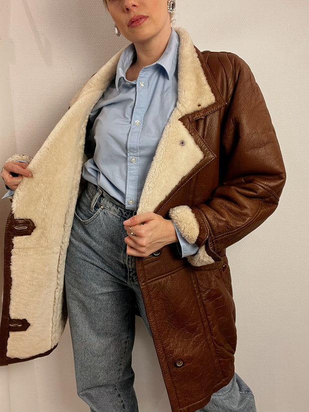 Manteau en mouton retourné brun vintage L/XL