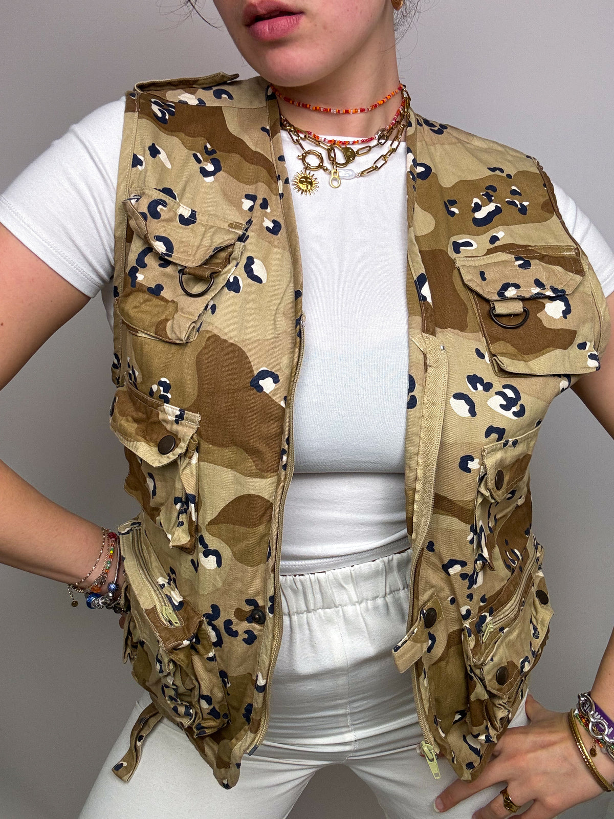 Gilet pêcheur camouflage beige/brun vintage S/M
