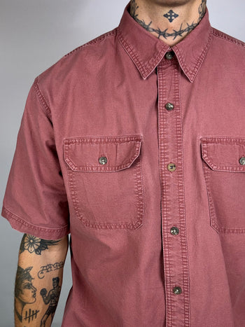 Faded red denim short sleeve shirt