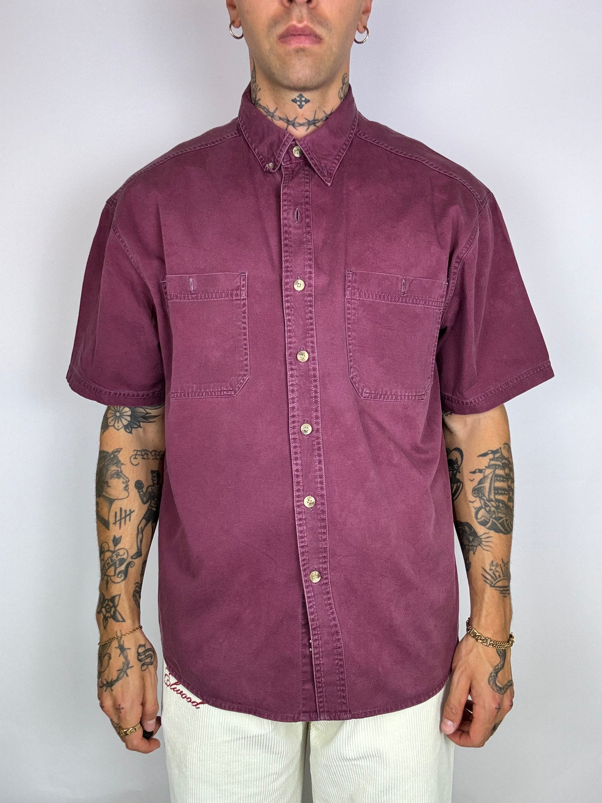 Burgundy denim short sleeve shirt