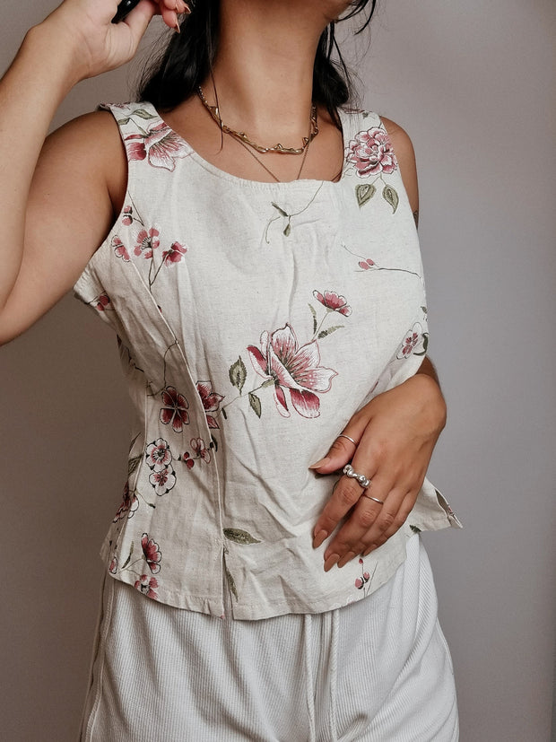 Top sans manche Vintage à fleurs roses