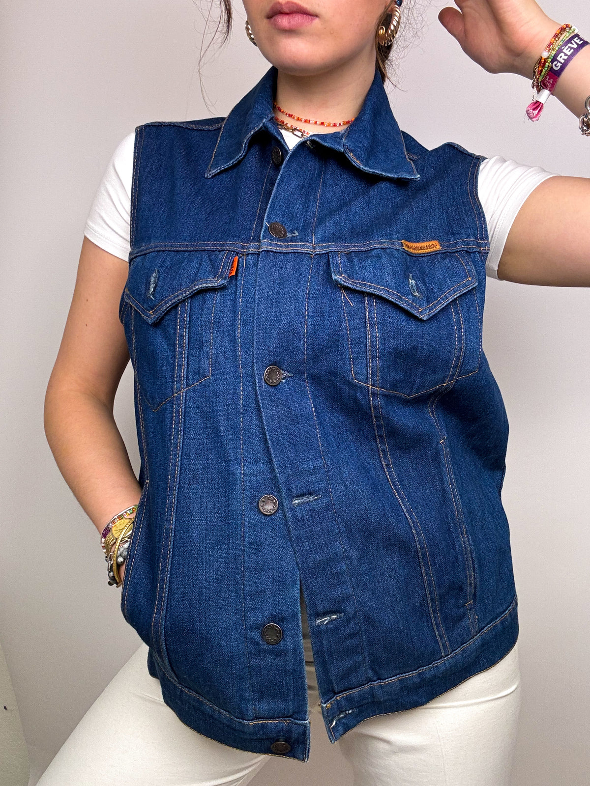 Gilet en jeans vintage sans manches à poches bleu foncé M