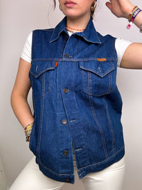 Gilet en jeans vintage sans manches à poches bleu foncé M