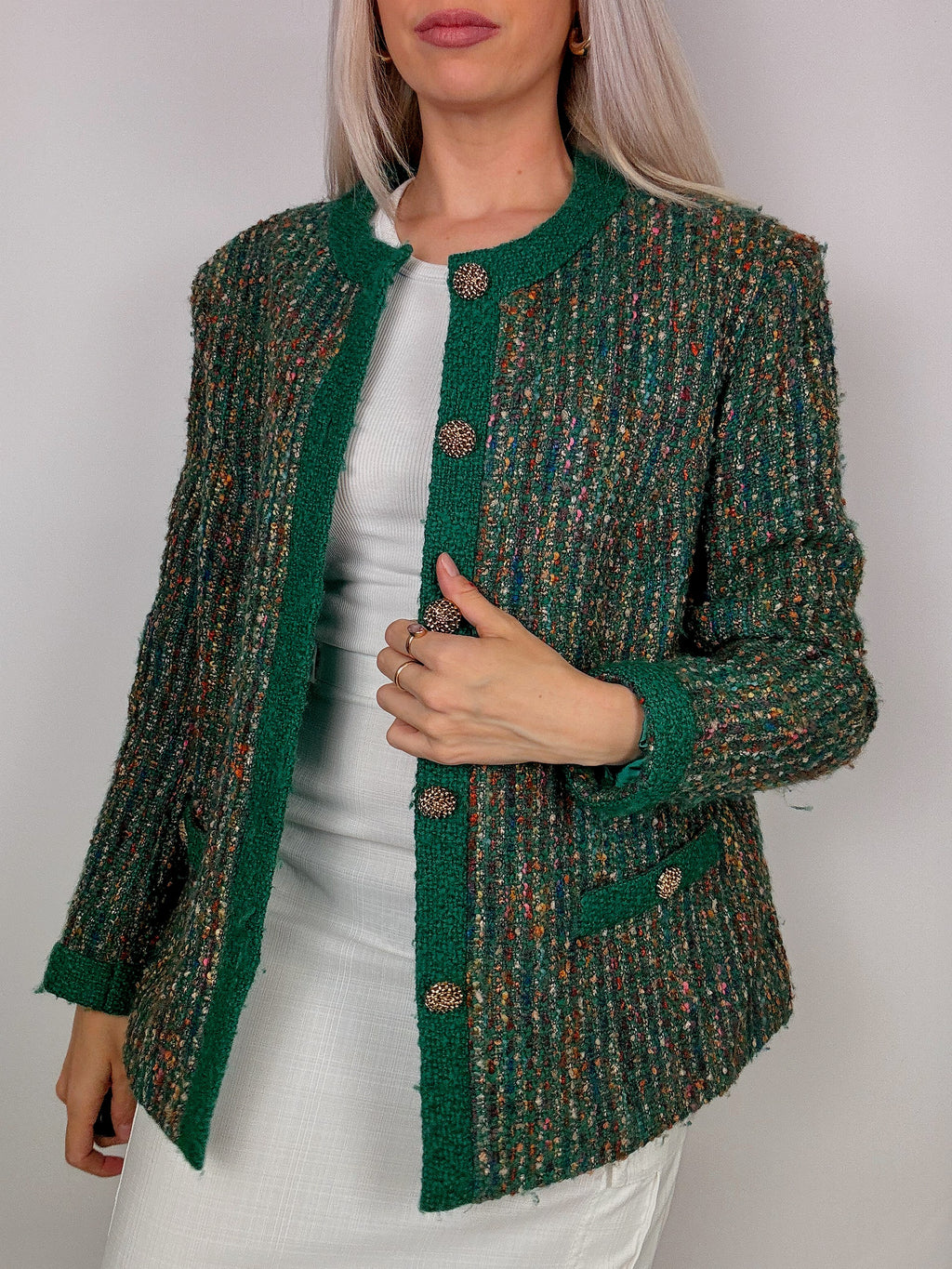 vintage green tweed round neck blazer