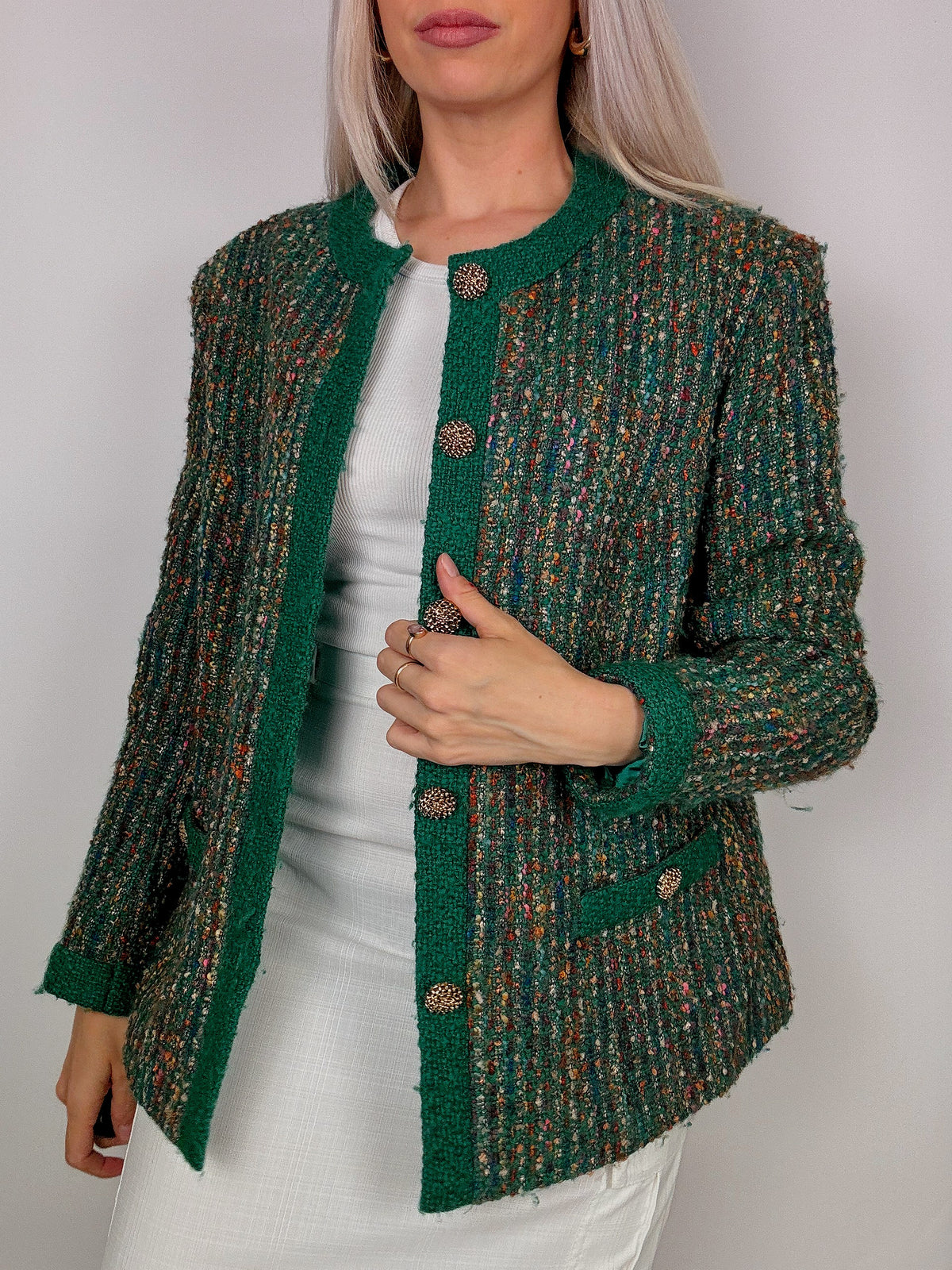 vintage green tweed round neck blazer
