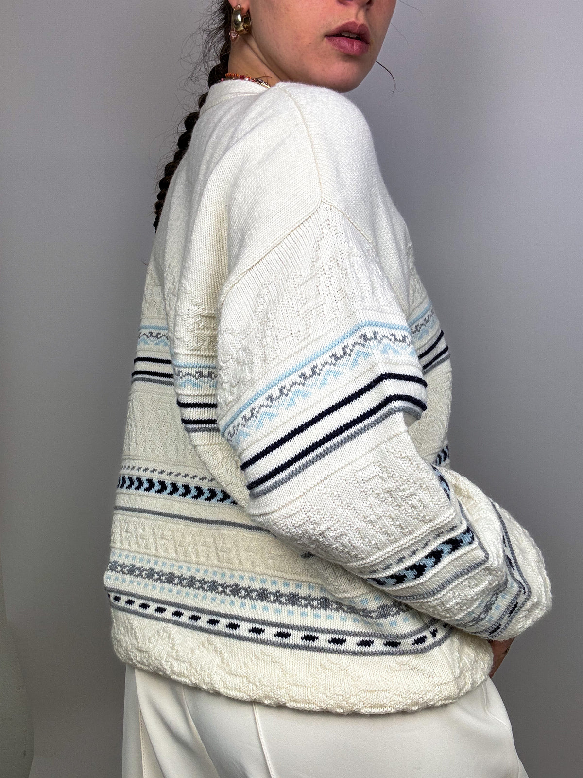 Gilet manche longue blanc crème à motifs Vintage M/L