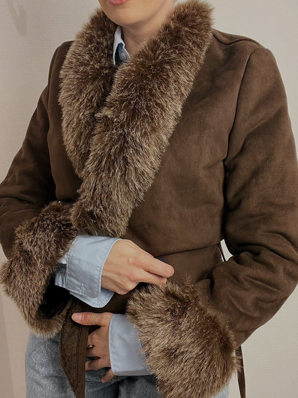 Veste courte vintage en mouton retourné brun XS/S