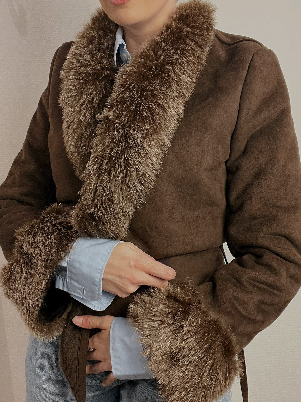 Veste courte vintage en mouton retourné brun XS/S