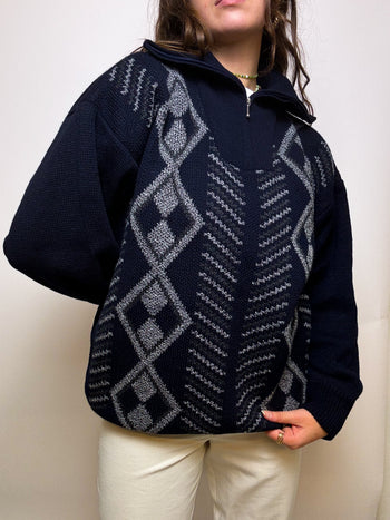 Dark blue sweater with vintage zip L 