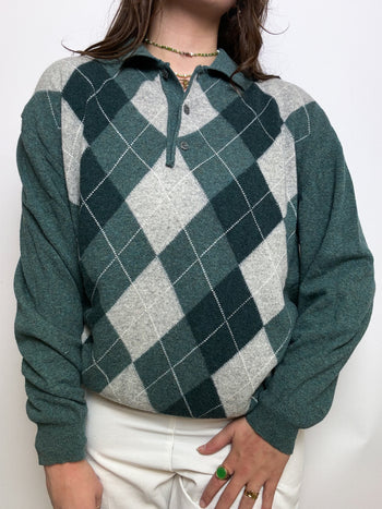 Green wool sweater with vintage collar S/M