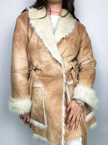 Light brown reversed faux fur coat L 