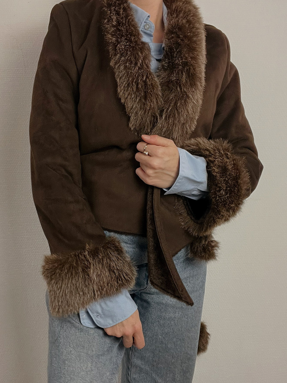Veste courte vintage en mouton retourné brun XS/S