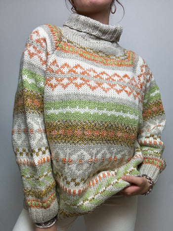 Vintage wool sweater rolled white, orange and green M/L