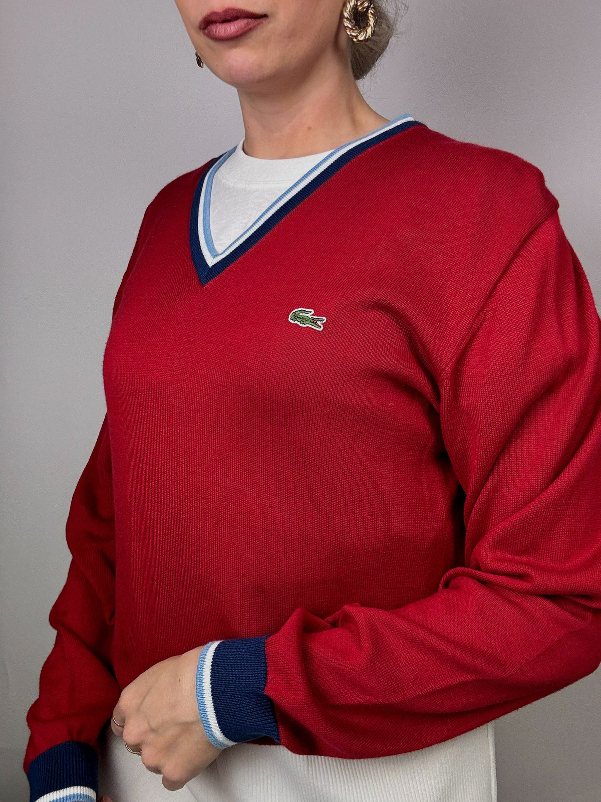 Lacoste pink and blue V-neck sweater