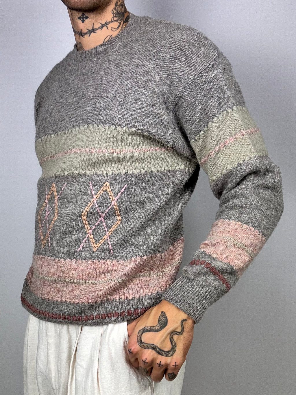 Grey, green &amp; pink patterned knit sweater