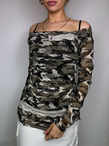 Mesh top à motif militaire vert Y2K