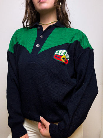 Black and green wool sweater with vintage collar M/L